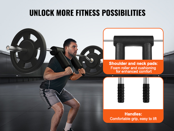 man lifting weights using VEVOR safety squat bar with shoulder and neck pads, and comfortable handles.