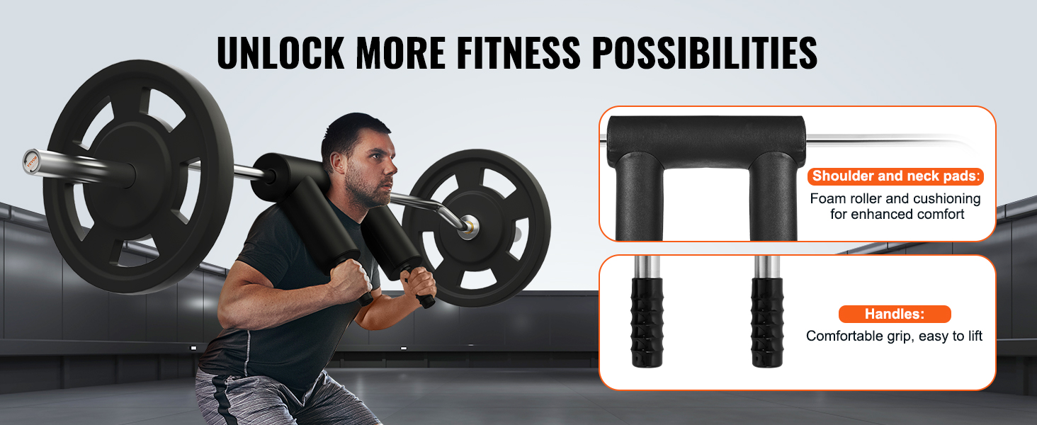 man lifting weights using VEVOR safety squat bar with shoulder and neck pads, and comfortable handles.