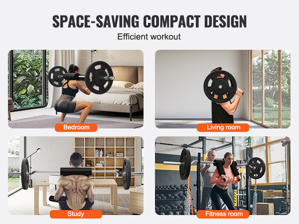 VEVOR safety squat bar used in bedroom, living room, study, and fitness room for efficient workouts.