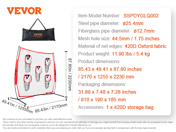 VEVOR football trainer net with seven target zones, sturdy frame, and carrying bag for easy transport.