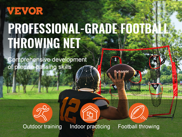 football player holding ball in front of VEVOR football trainer net in a park for precision passing practice.