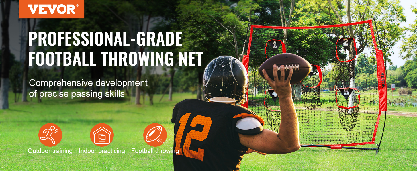 football player holding ball in front of VEVOR football trainer net in a park for precision passing practice.