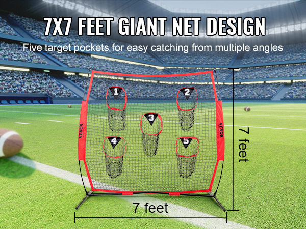 VEVOR football trainer net with five target pockets on a football field. 7x7 feet giant net design.