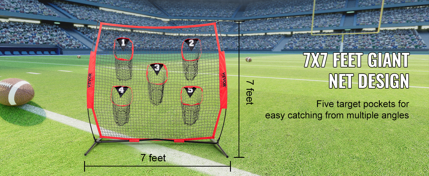 VEVOR football trainer net with five target pockets on a football field. 7x7 feet giant net design.