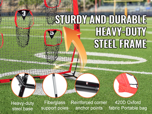 VEVOR football trainer net with heavy-duty steel frame, fiberglass poles, and reinforced anchor points.