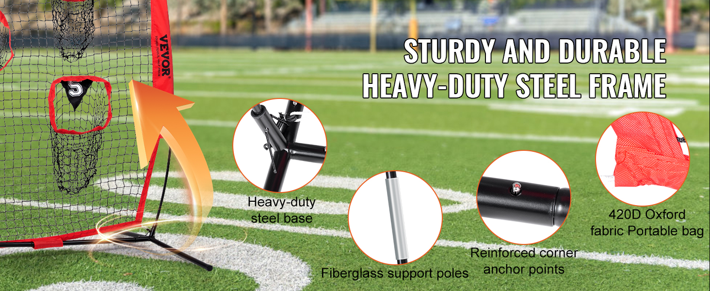 VEVOR football trainer net with heavy-duty steel frame, fiberglass poles, and reinforced anchor points.