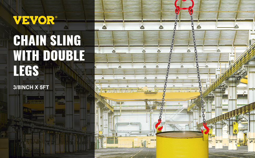 VEVOR chain sling with double legs lifting a yellow barrel in an industrial warehouse.