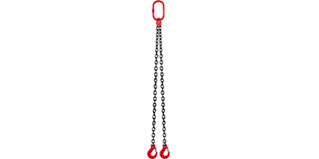 double-leg VEVOR chain sling with red hooks and master link.