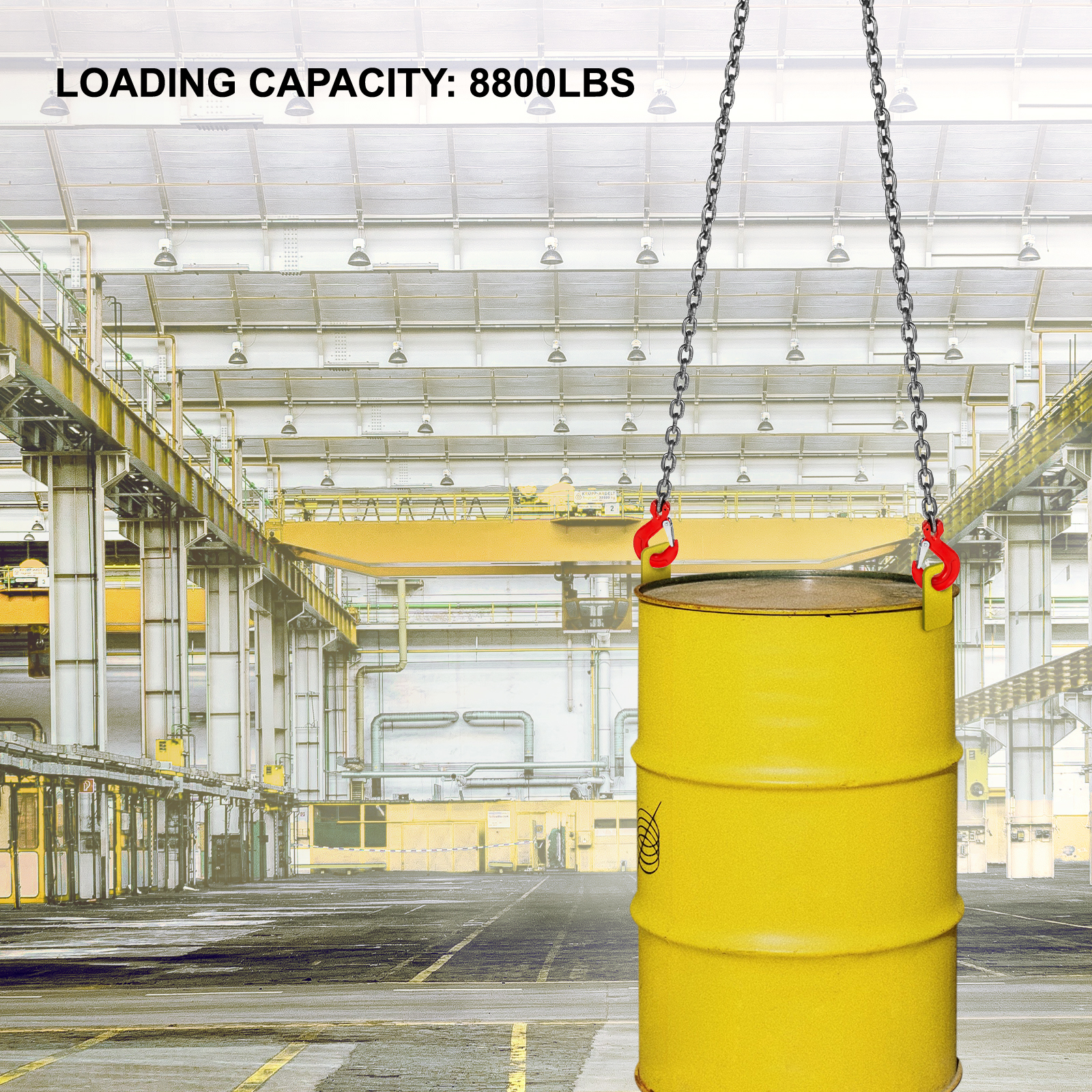 yellow barrel suspended in warehouse by VEVOR chain sling, loading capacity: 8800lbs.