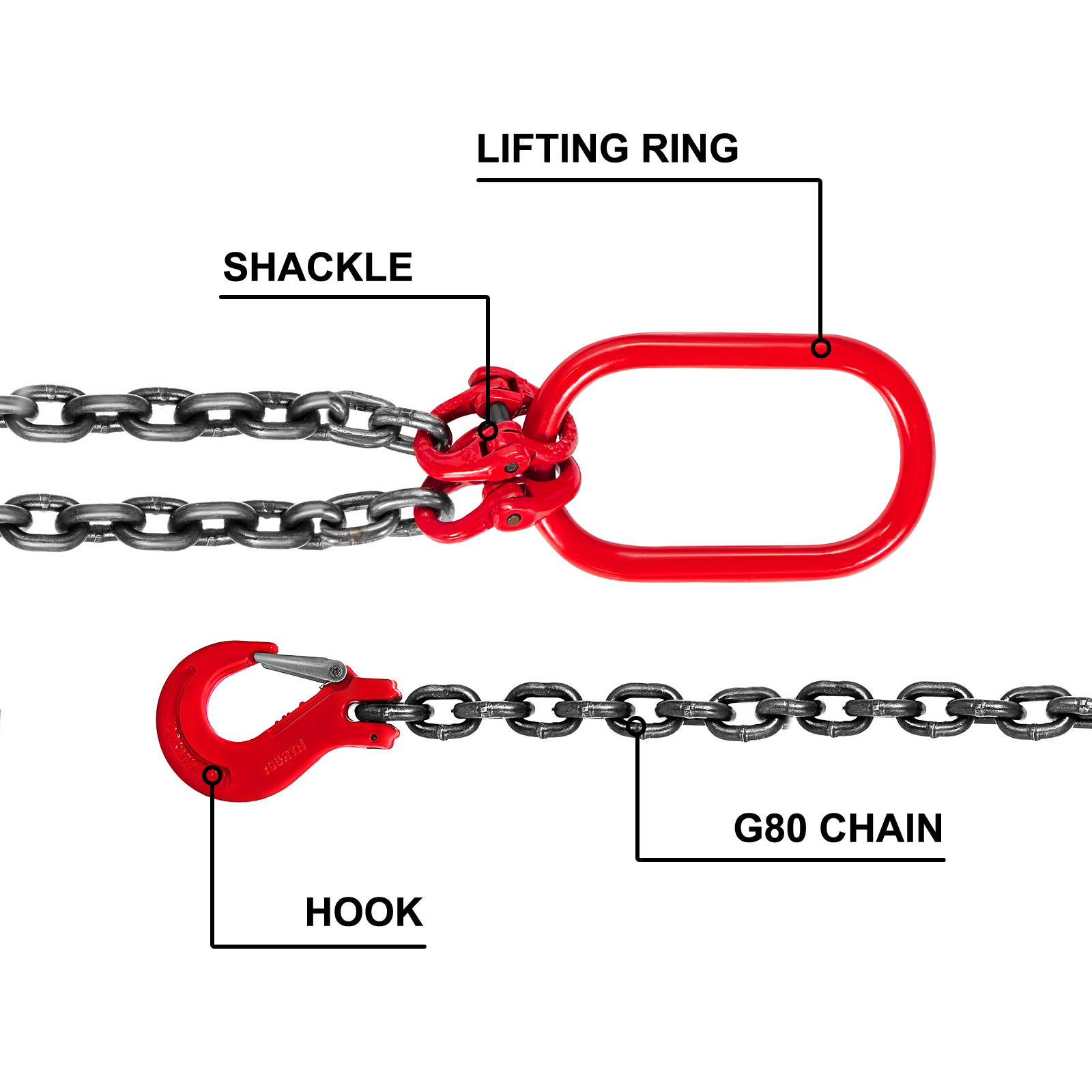 VEVOR chain sling with lifting ring, shackle, hook, and g80 chain in red and silver.
