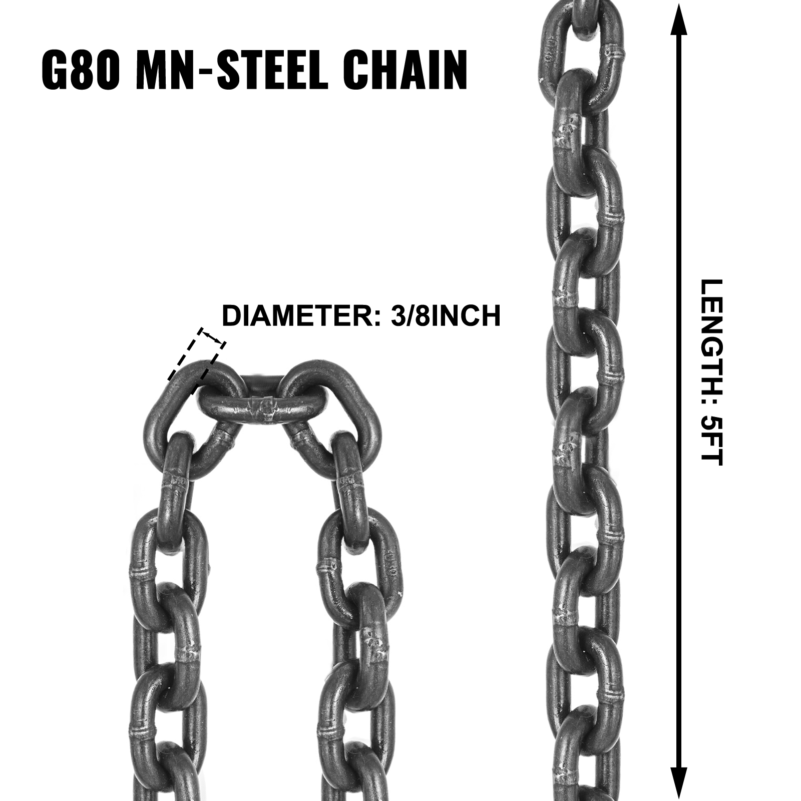 g80 mn-steel chain with 3/8 inch diameter, 5ft length, for VEVOR chain sling.