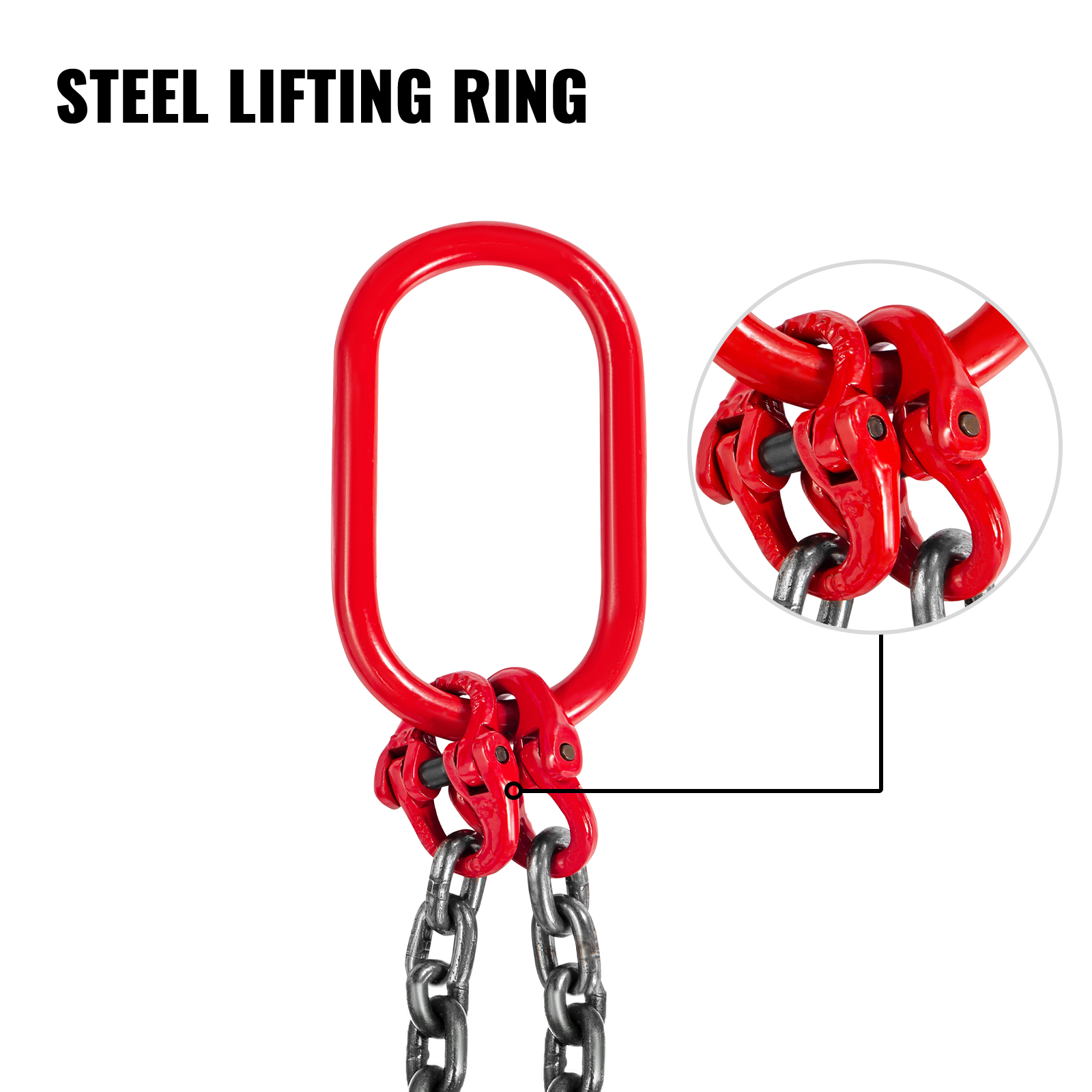 red steel lifting ring with detailed view of VEVOR chain sling connectors.