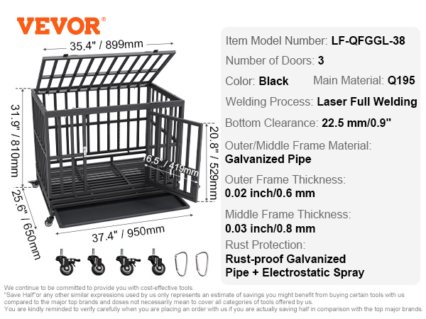VEVOR heavy duty dog crate with three doors, casters, and durable black q195 steel construction.