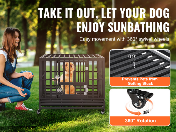 woman enjoying the park with a dog in the VEVOR heavy duty dog crate, featuring 360° swivel wheels.
