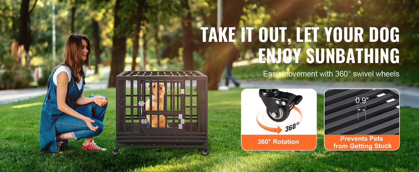 woman enjoying the park with a dog in the VEVOR heavy duty dog crate, featuring 360° swivel wheels.