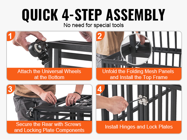 quick 4-step assembly of VEVOR heavy duty dog crate, no tools needed: attach wheels, unfold panels, secure frame, install hinges.