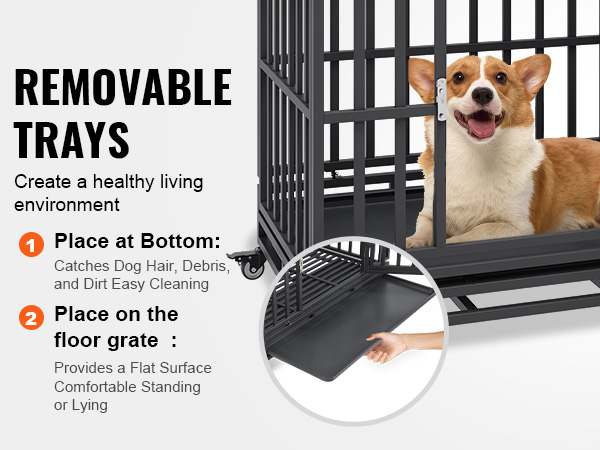 corgi in a VEVOR heavy duty dog crate with removable trays for easy cleaning and comfort.