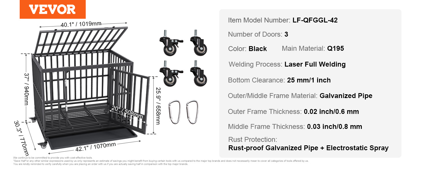 VEVOR heavy duty dog crate with 3 doors, black color, laser welding, and rust-proof galvanized pipe.