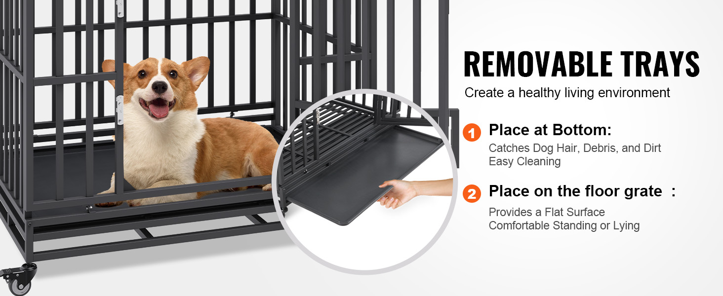 corgi in a VEVOR heavy duty dog crate with removable trays for easy cleaning and comfortable standing.