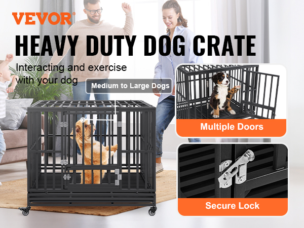 VEVOR heavy duty dog crate for medium to large dogs with secure lock and multiple doors, family playing.