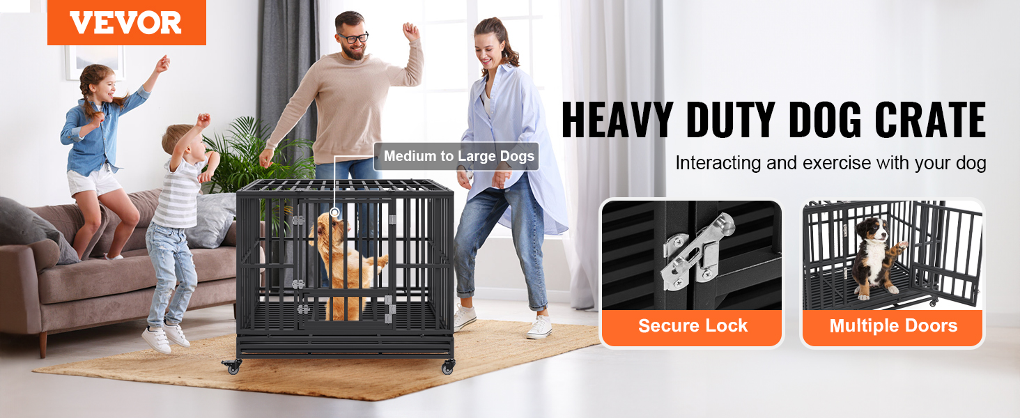 VEVOR heavy duty dog crate for medium to large dogs with secure lock and multiple doors, family playing.