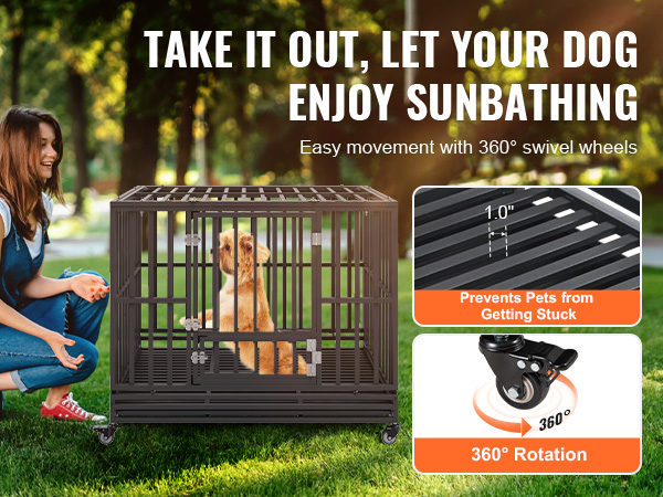 VEVOR heavy duty dog crate in park with 360° swivel wheels and grid floor preventing pets from getting stuck.