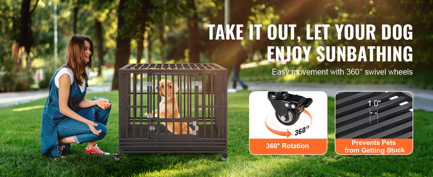 VEVOR heavy duty dog crate in park with 360° swivel wheels and grid floor preventing pets from getting stuck.