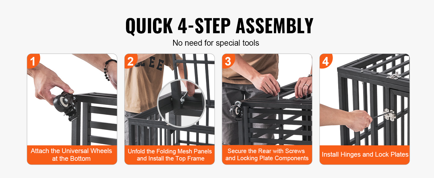 quick 4-step assembly for VEVOR heavy duty dog crate: attach wheels, unfold panels, secure rear, install locks.