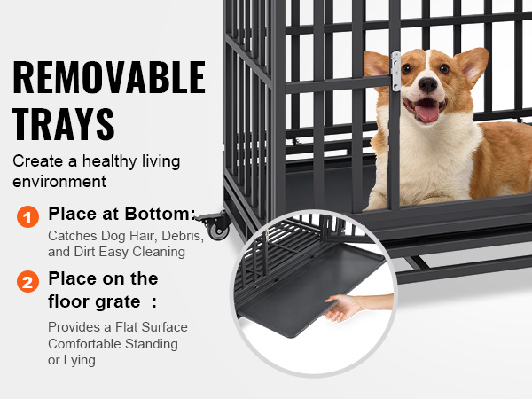 corgi inside a VEVOR heavy duty dog crate with removable trays for easy cleaning and comfortable lying.