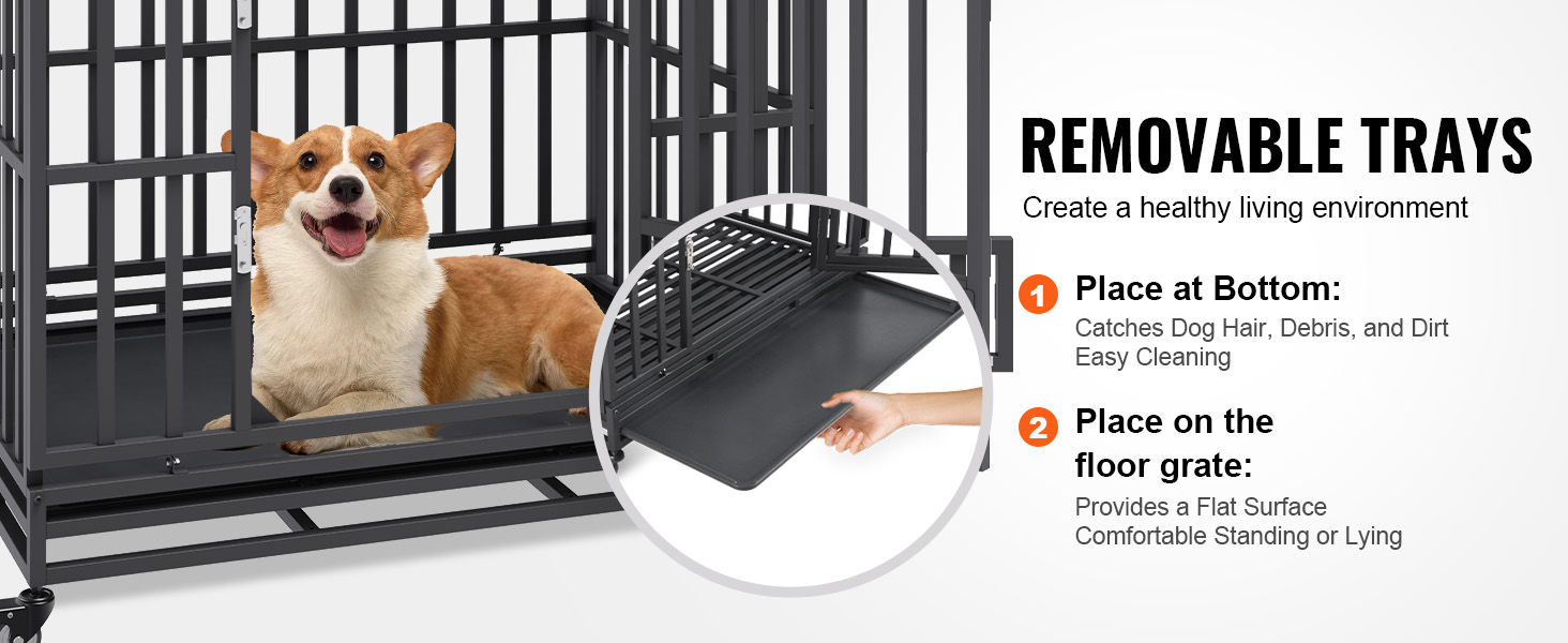 corgi inside a VEVOR heavy duty dog crate with removable trays for easy cleaning and comfortable lying.