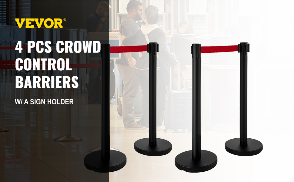 VEVOR stanchion post barriers with red straps for crowd control in an indoor setting.