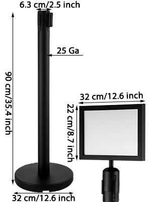 VEVOR stanchion post barriers with measurements: 90 cm height, 32 cm base, 22 cm sign.
