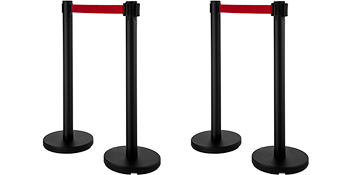 VEVOR stanchion post barriers with red belts and black bases in a set of four.