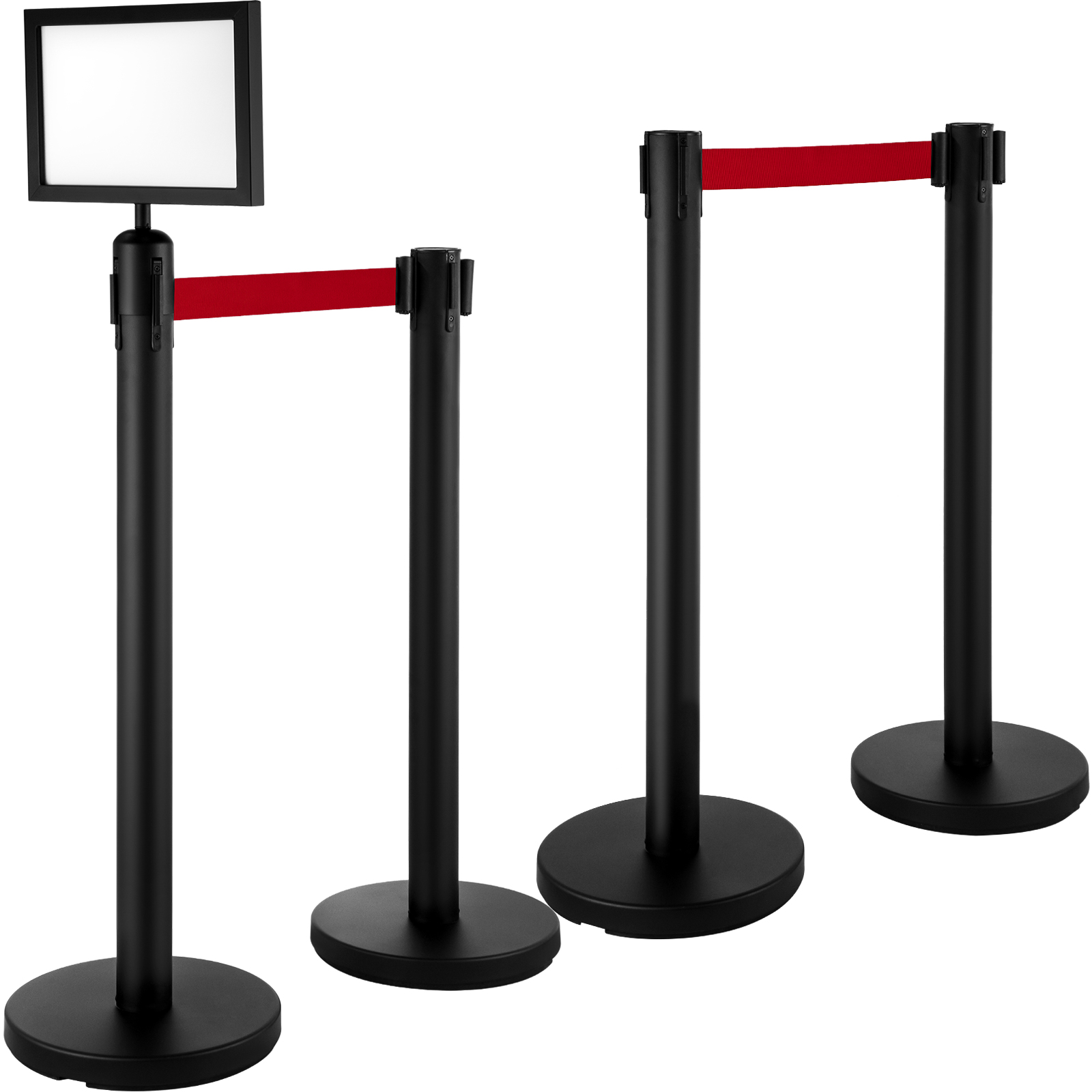 VEVOR stanchion post barriers with red belts and a sign holder display.