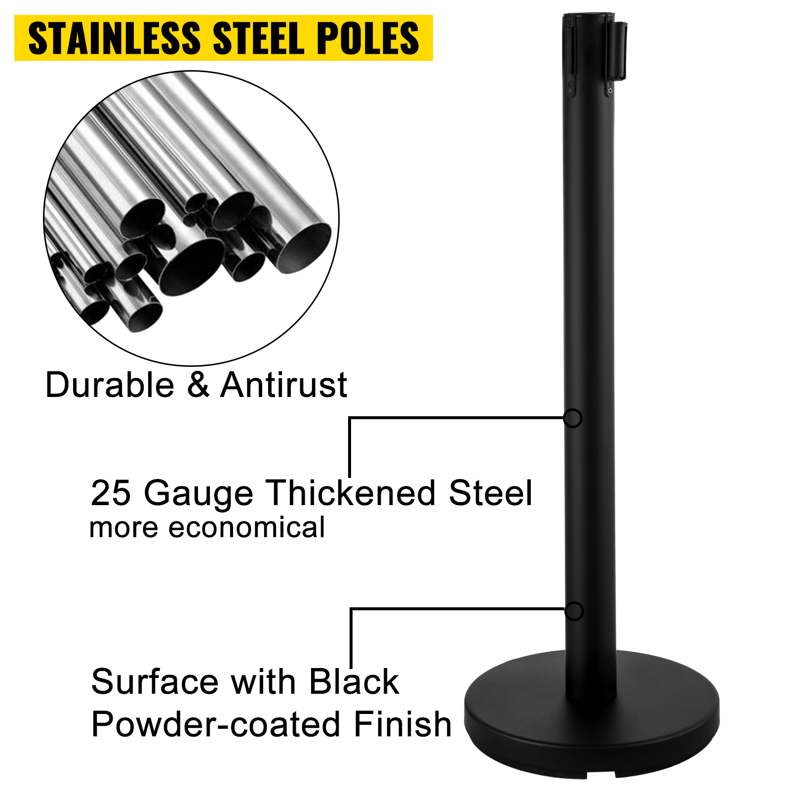 VEVOR stanchion post barriers with stainless steel poles and black powder-coated finish.