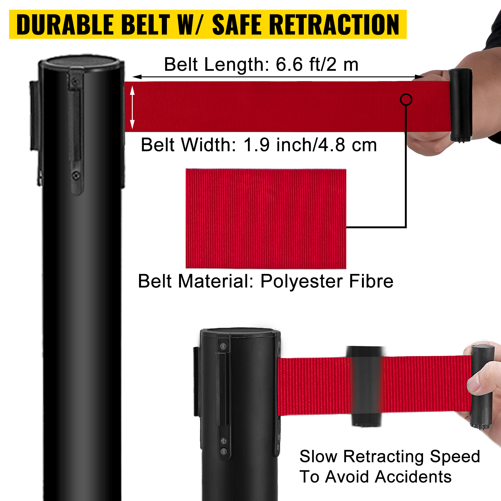 VEVOR stanchion post barriers with durable polyester belt and safe retraction.