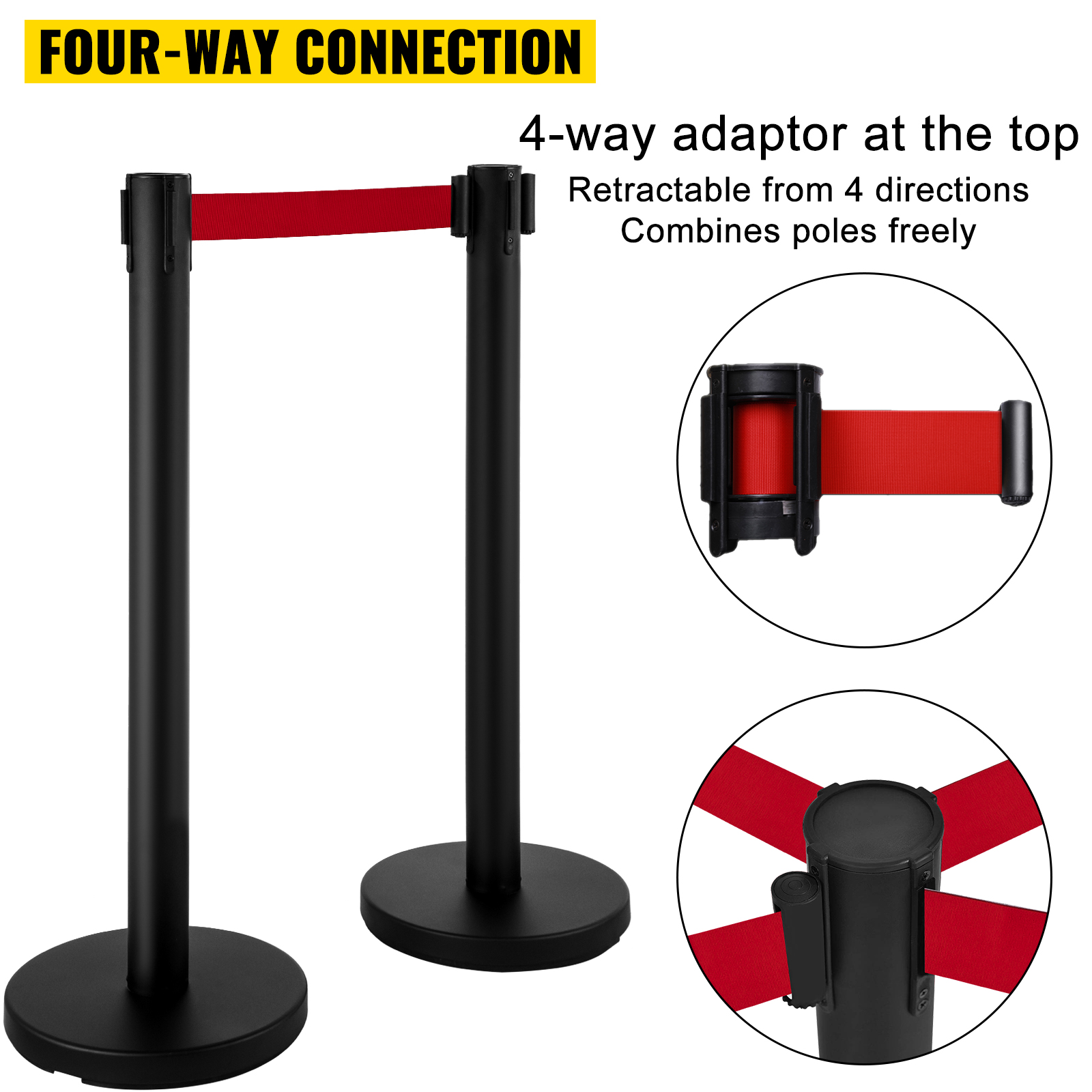 VEVOR stanchion post barriers with four-way adaptor and retractable red belts.