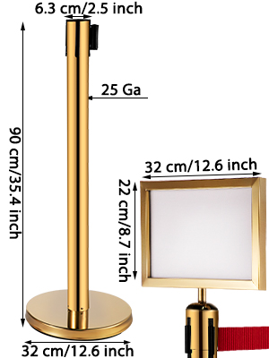 VEVOR stanchion post barriers with dimensions and gold finish, including sign frame attachments.