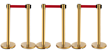 VEVOR stanchion post barriers with gold posts and red retractable belts.