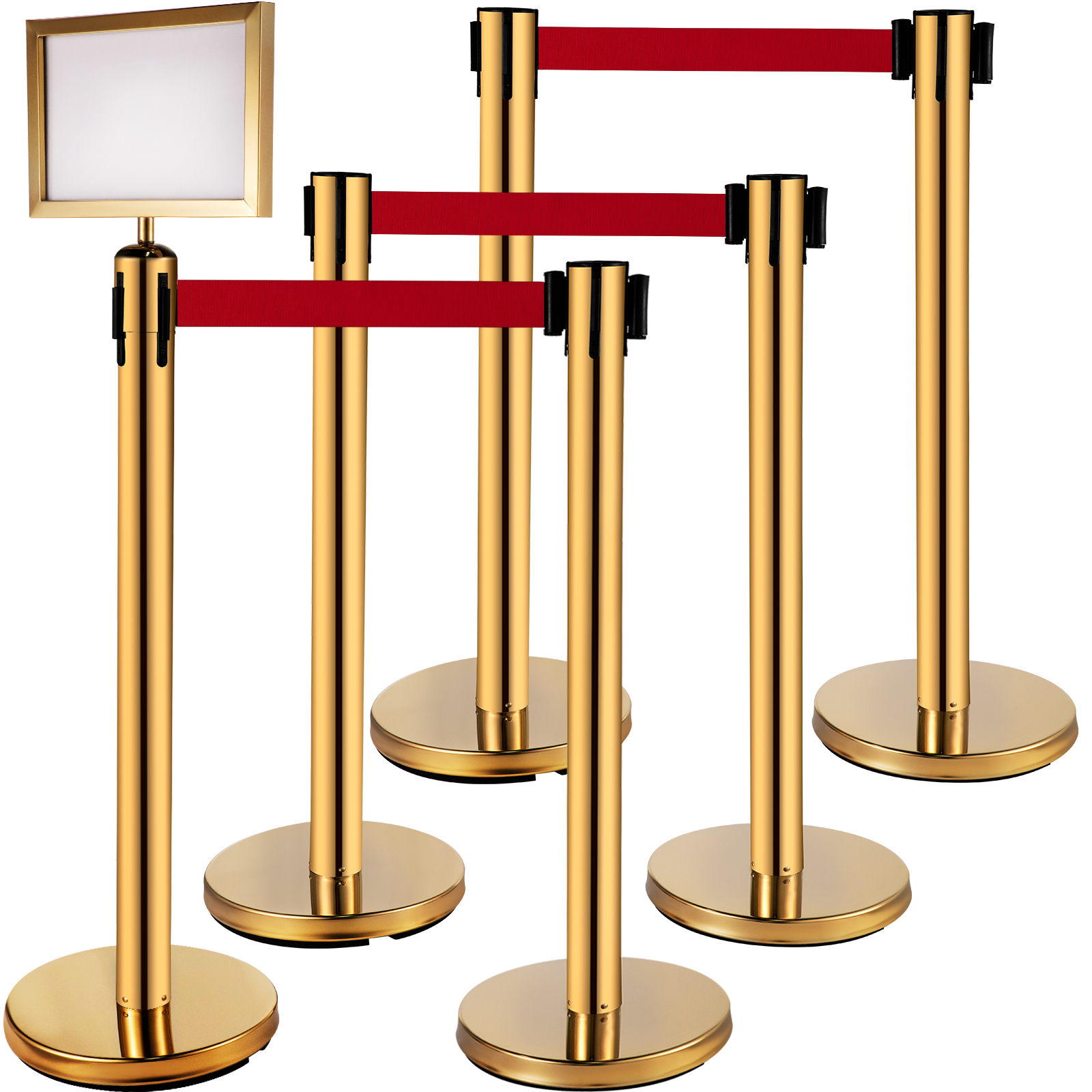 gold VEVOR stanchion post barriers with red belts and sign holder.