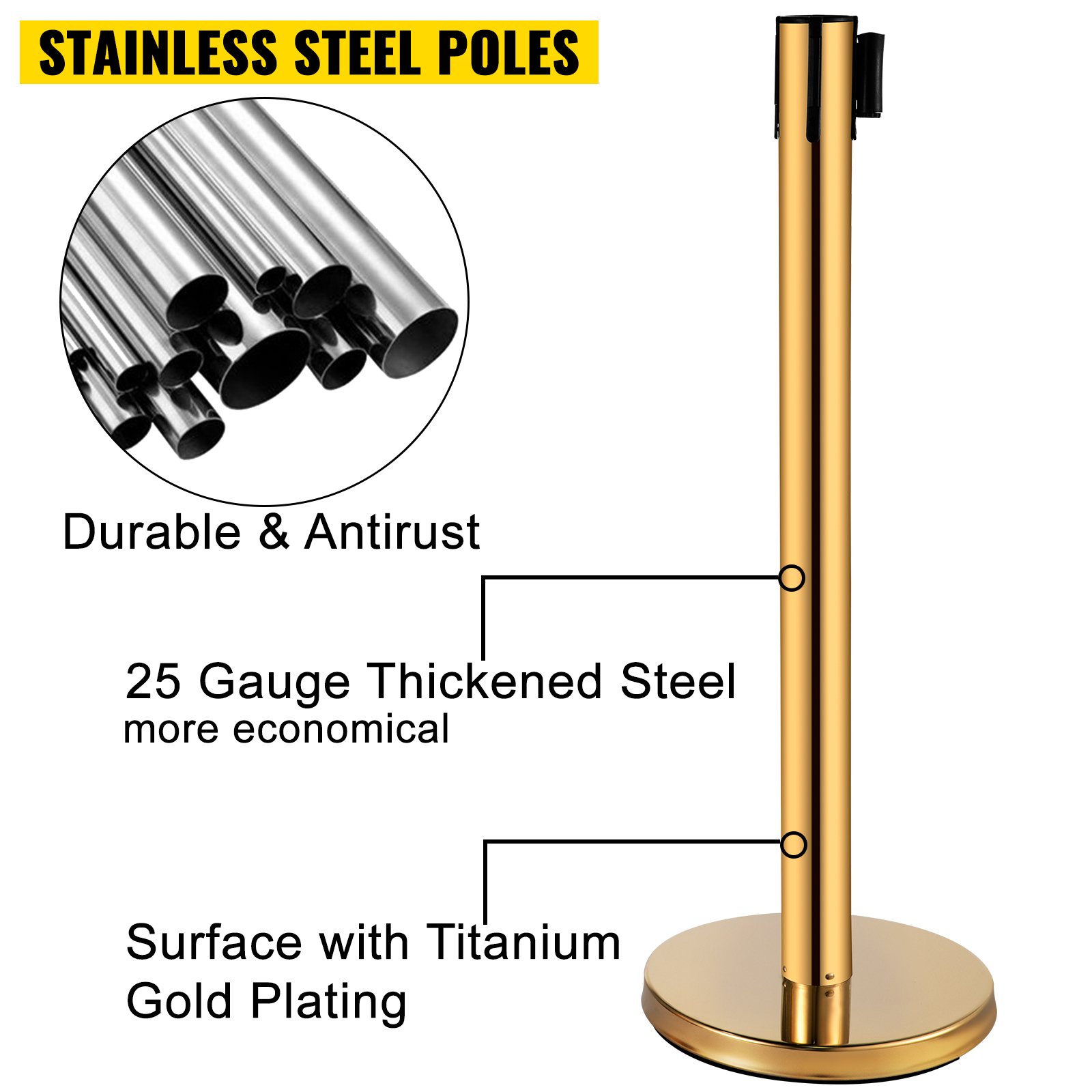 stainless steel VEVOR stanchion post barriers with titanium gold plating. durable, antirust.