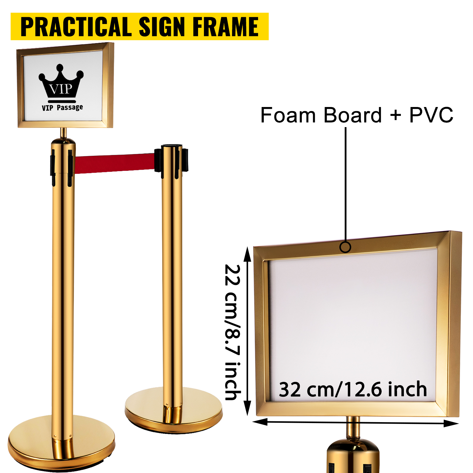 VEVOR stanchion post barriers with gold posts, red belt, and practical sign frame