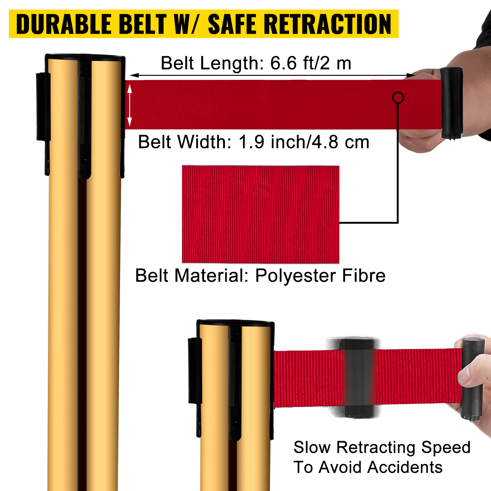 VEVOR stanchion post barriers with durable polyester belt, 6.6 ft length, and 1.9 inch width