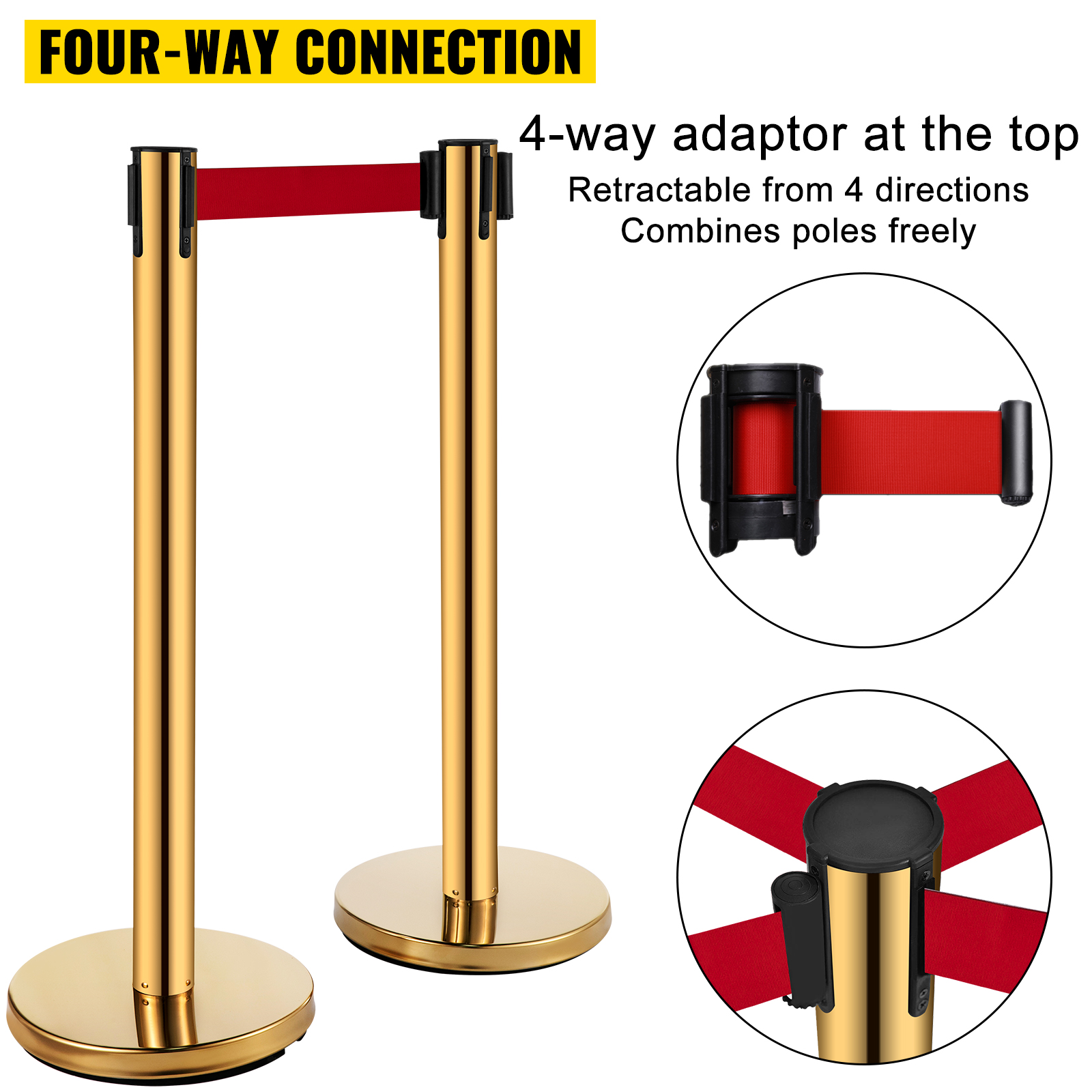 VEVOR stanchion post barriers with gold poles and red retractable belts featuring a four-way connection.