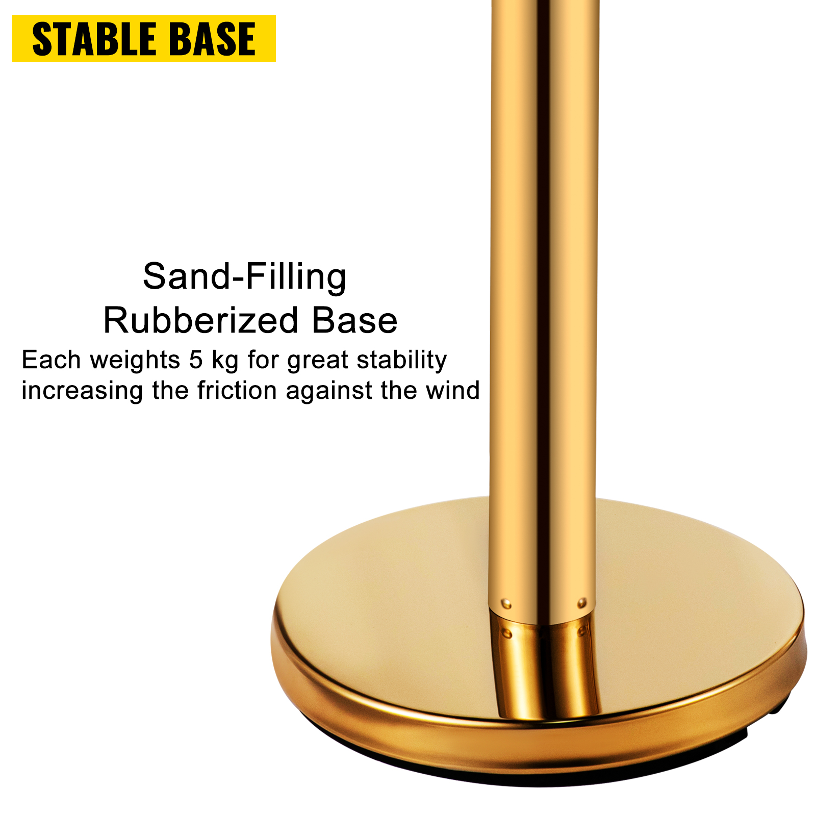 VEVOR stanchion post barriers with gold sand-filled rubberized base for stability.