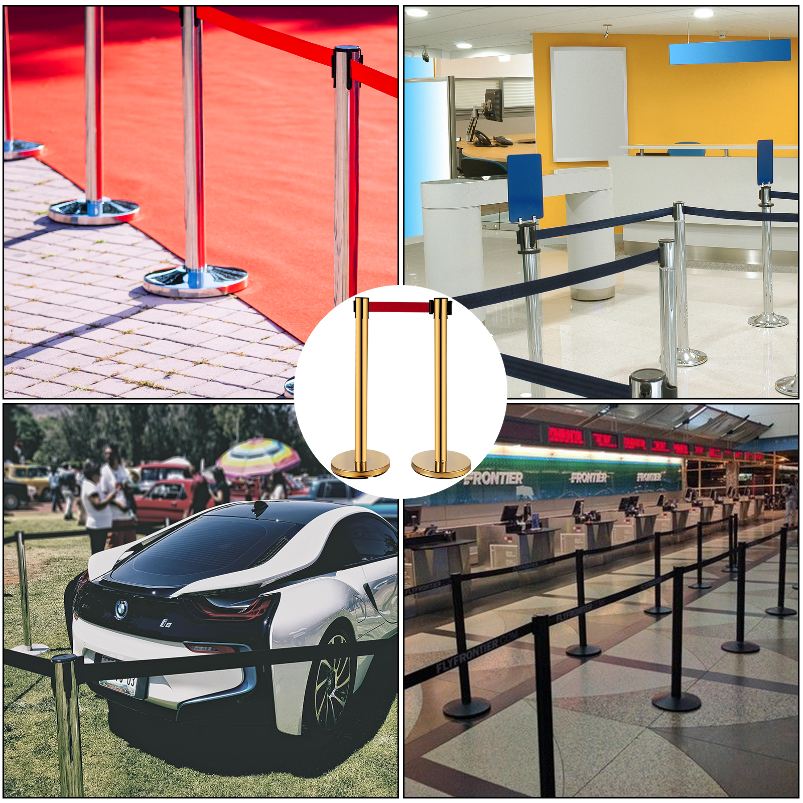 VEVOR stanchion post barriers in use at events, airports, and car shows.