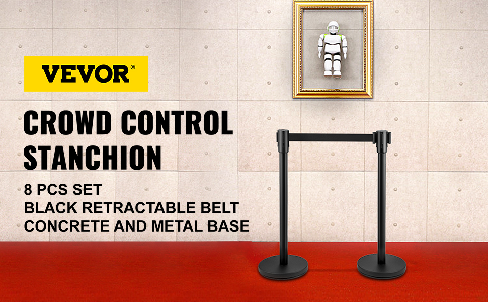 VEVOR crowd control barrier with black retractable belts and sturdy bases.