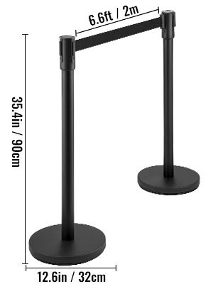 black VEVOR crowd control barrier with 6.6ft retractable belt and specifications.