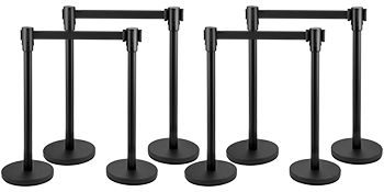 black VEVOR crowd control barriers with retractable belts in a set of seven.