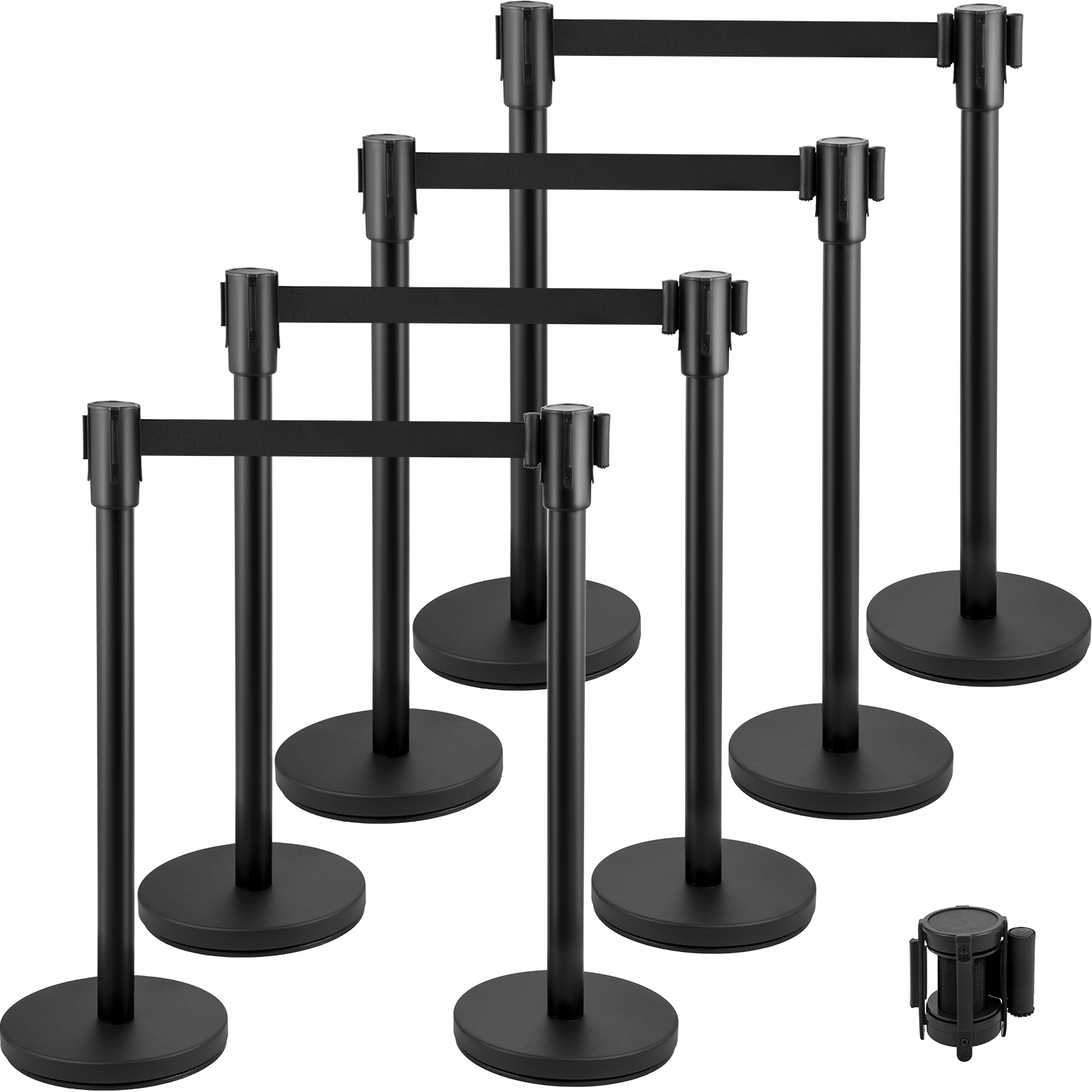black VEVOR crowd control barrier set with retractable belts in a staggered formation.
